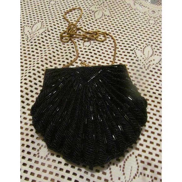 Retro Vintage Black Satin Beaded Clamshell Evening Clutch/Purse/Hand Bag - Picture 1 of 9
